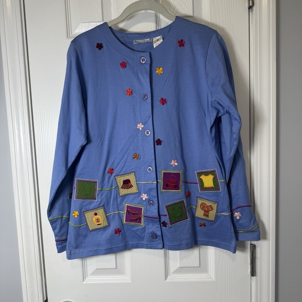 Vtg Michael Simon Button Up Jacket Sm Blue Colorful Embroidered Shopping Floral